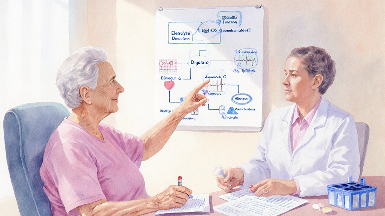 Anziano con cardiologo che discute opzioni terapeutiche, mostrando esami renali e ECG.