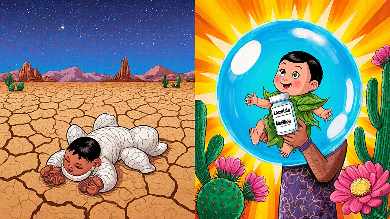 Bambino malato sotto cielo secco vs bambino sano in bolla d'acqua, con farmaci sicuri in primo piano.