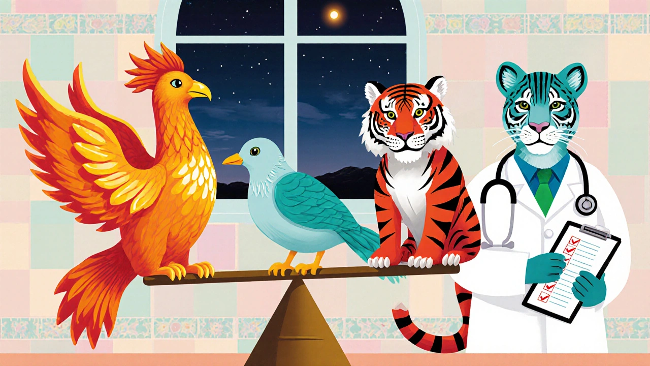 Bilancia con ibuprofene, paracetamolo e diclofenac rappresentati da albrije, osservati da un dottore.