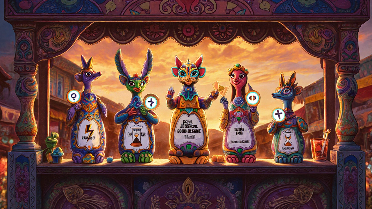 Bottiglie di farmaci trasformate in figure alebrije con icone di potenza e durata.