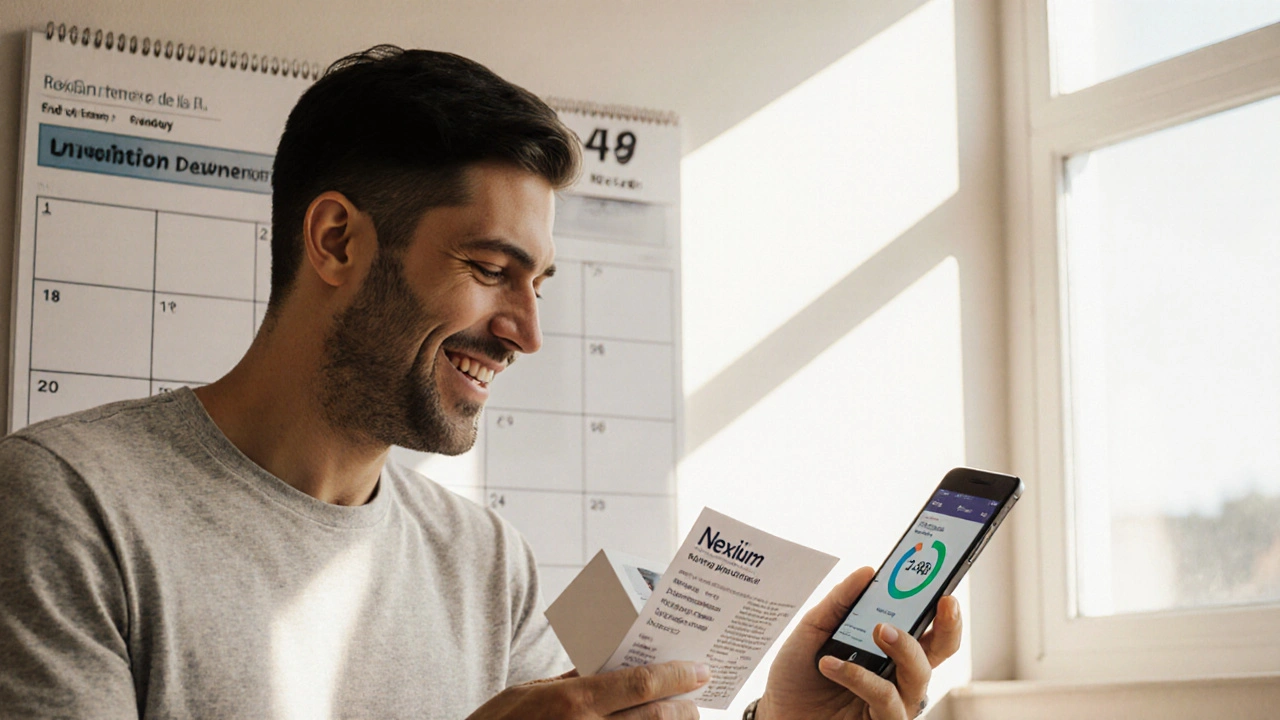 Cliente felice controlla il farmaco ricevuto, mostra il telefono e un calendario che indica consegna in 24‑48 ore.