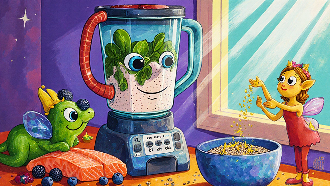 Colazione colorata in stile Alebrije con smoothie, spinaci, frutti di bosco e semi di chia.