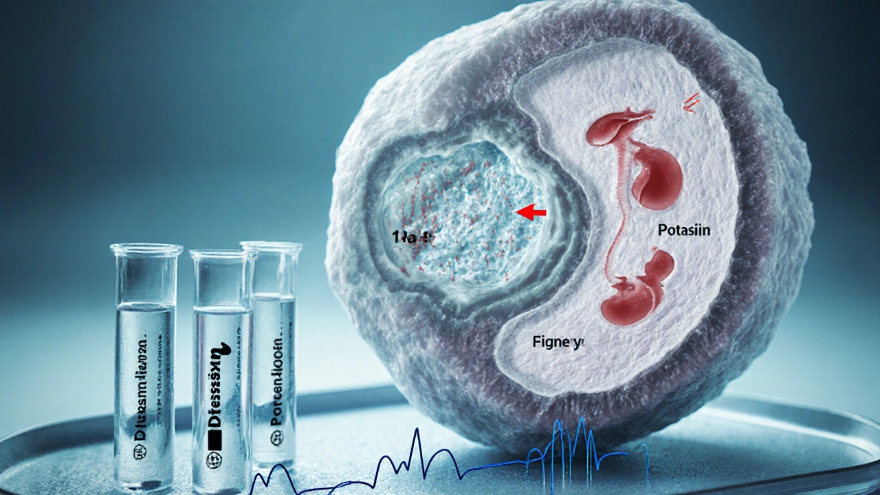 Diagramma della cellula cardiaca con inibizione Na/K‑ATPasi, calci aumentato e tubi di laboratorio.