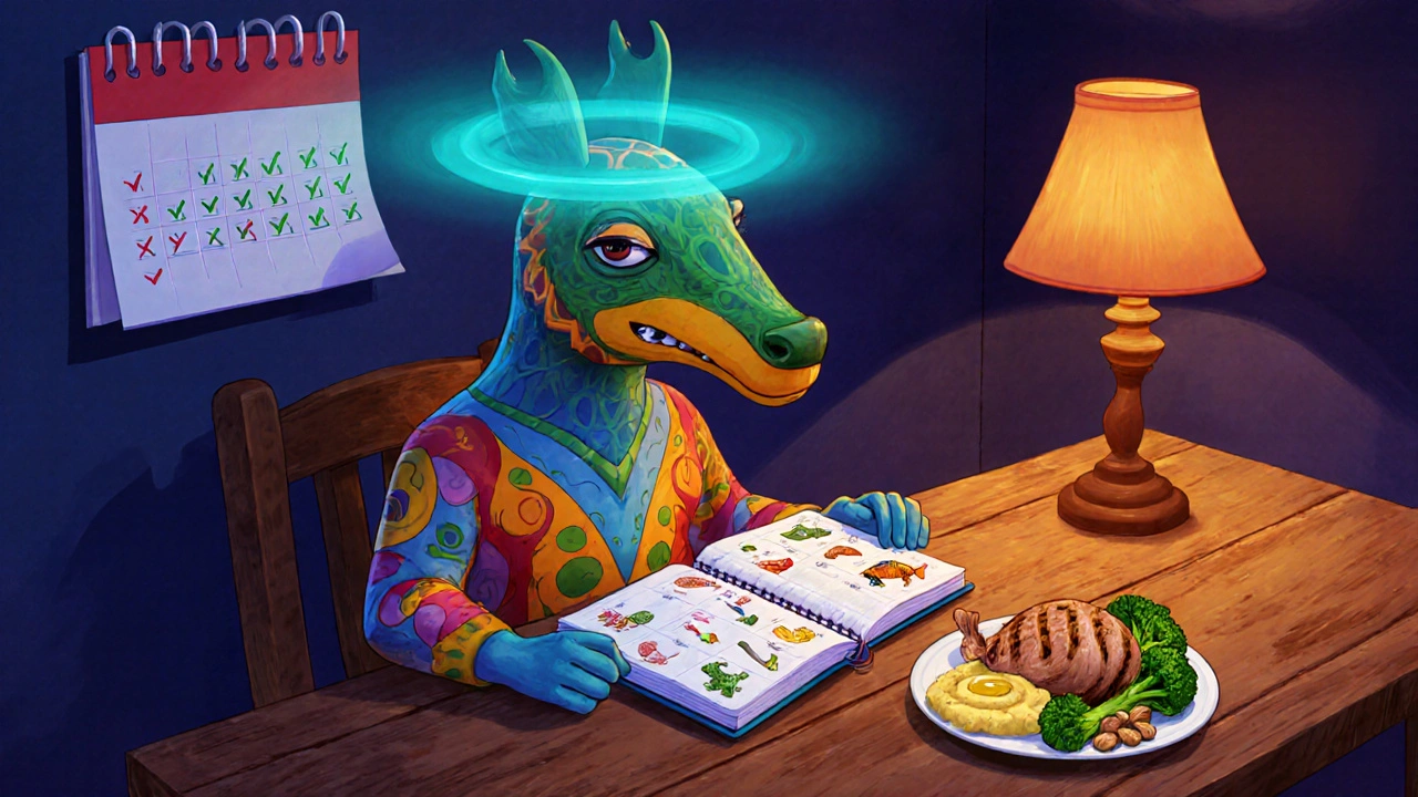 Diario alimentare Alebrije con piatto equilibrato e aura che mostra miglioramento dei sintomi.