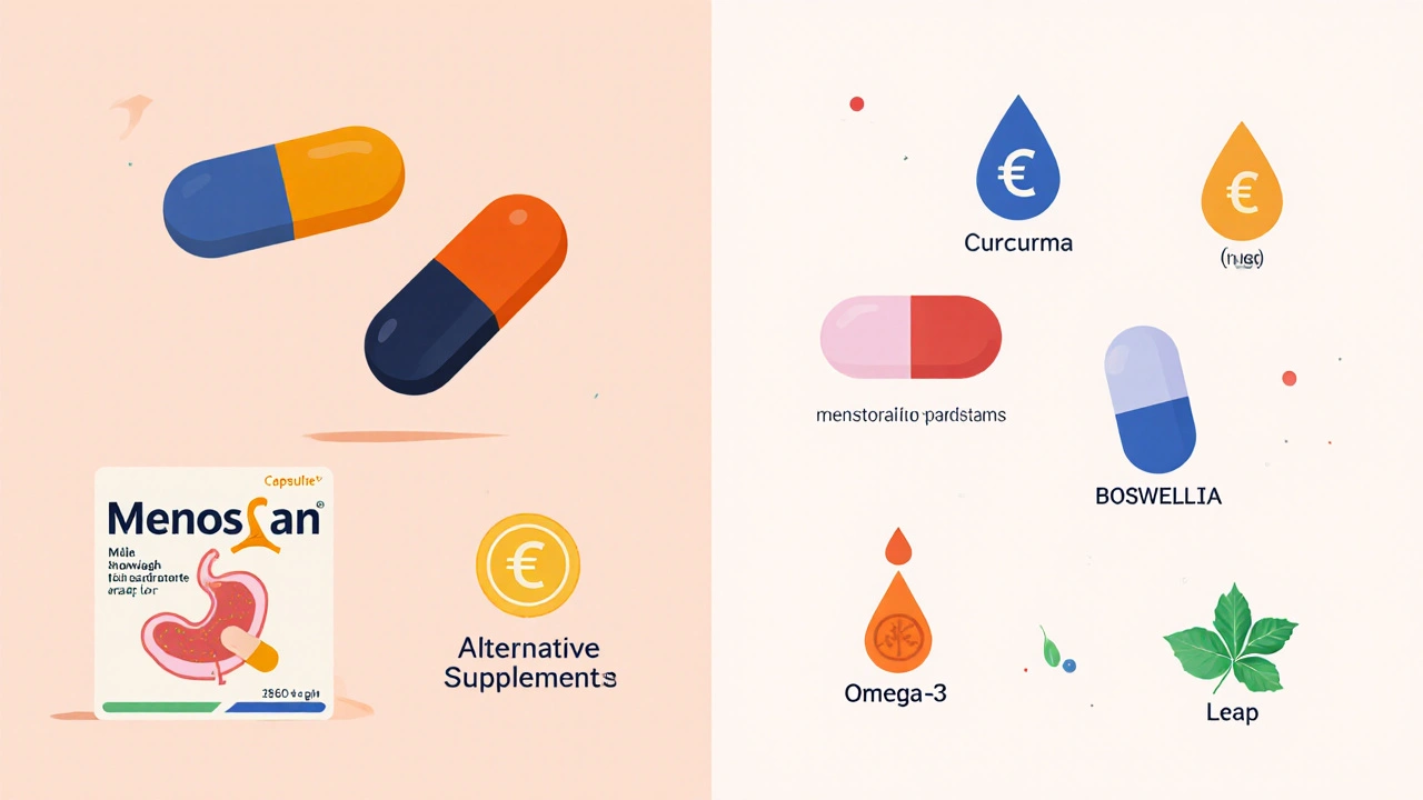 Illustrazione a metà che confronta Menosan con altri integratori usando icone di costi e effetti.