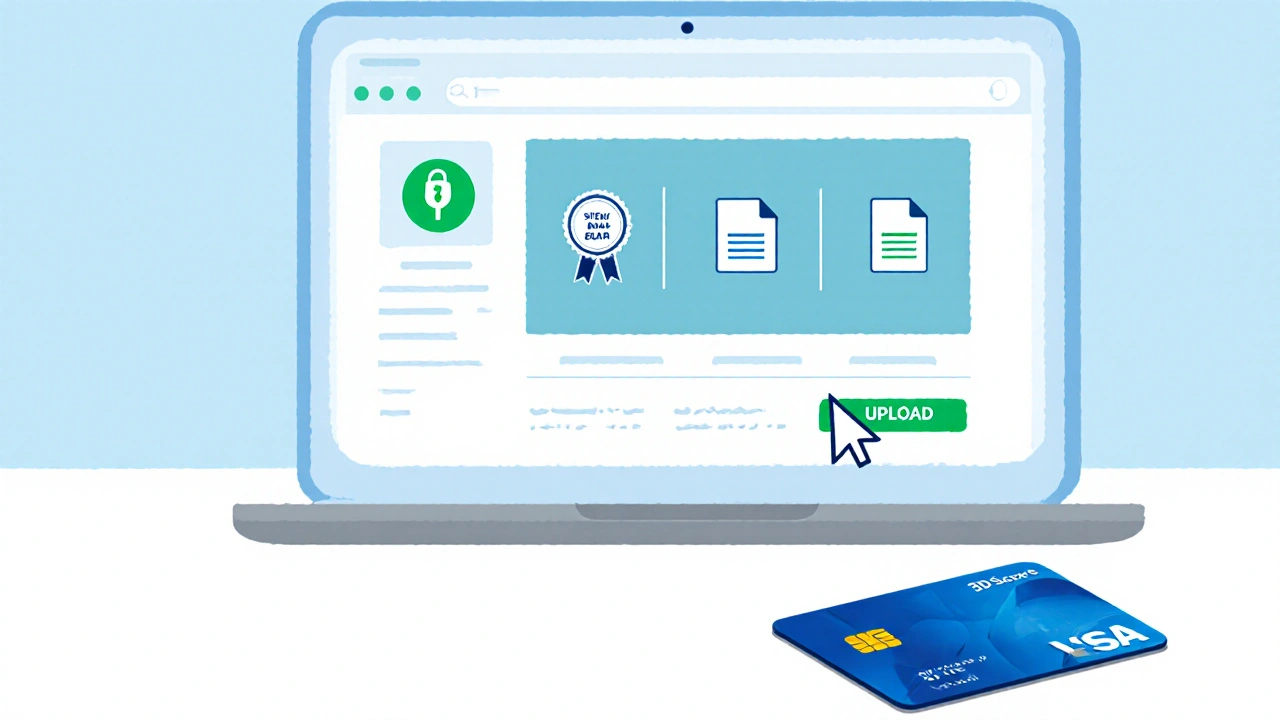 Illustrazione di una farmacia online sicura con icone di certificazione e pagamento protetto.