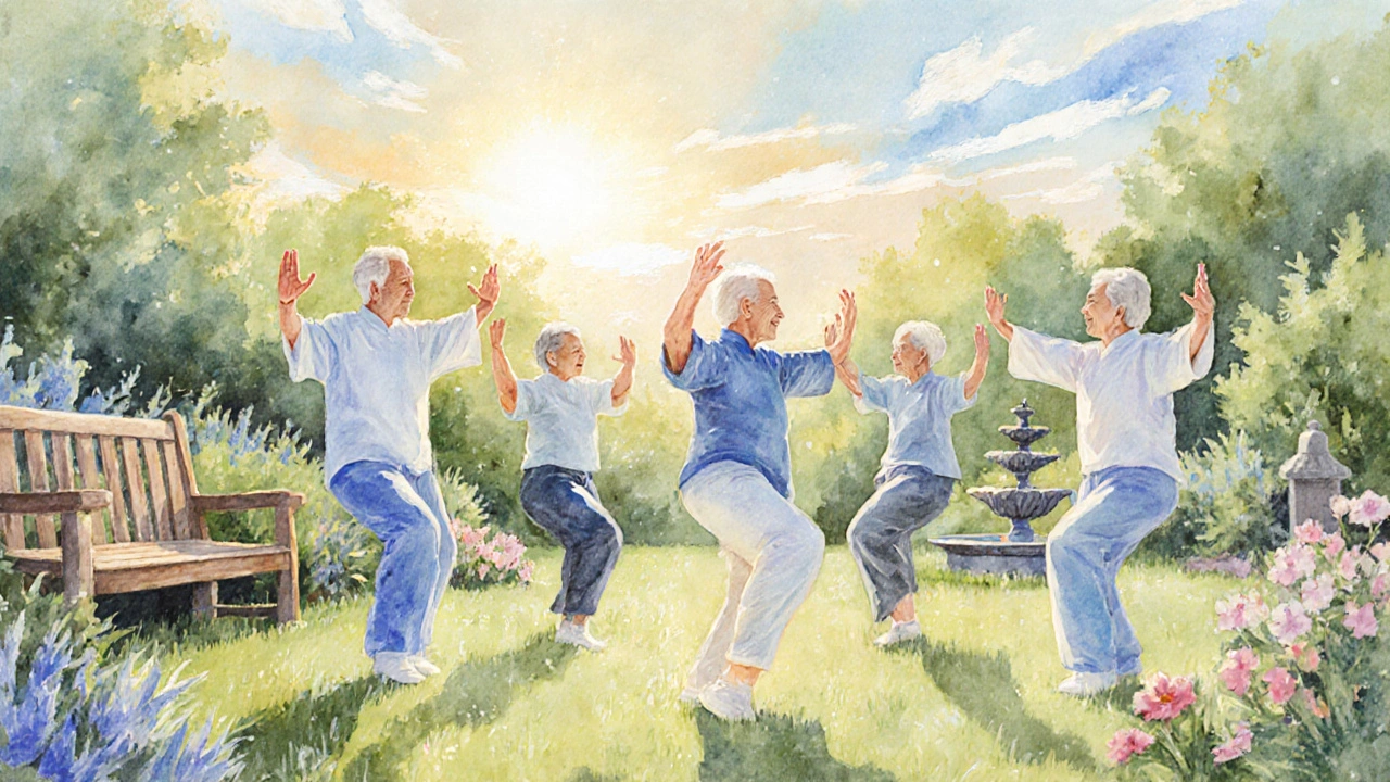 Lezione di tai chi all&#039;aperto per anziani, colori pastello e movimenti fluidi.