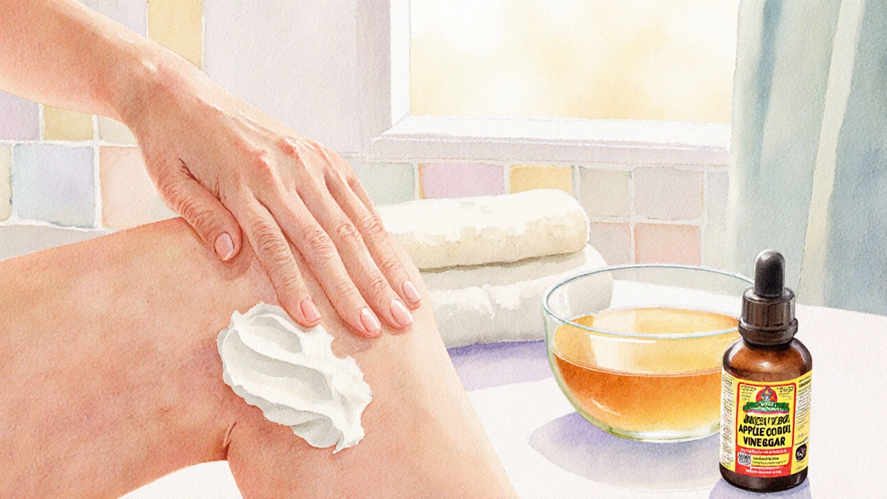 Mani che applicano yogurt greco sulla pelle, accanto a olio di tea tree e aceto di mele.