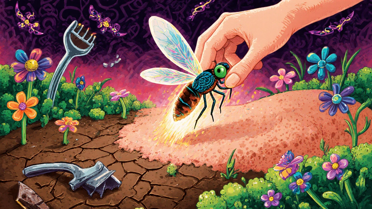 Mano che applica adapalene come una creatura luminosa, mentre la pelle si rigenera in un paesaggio fiabesco.