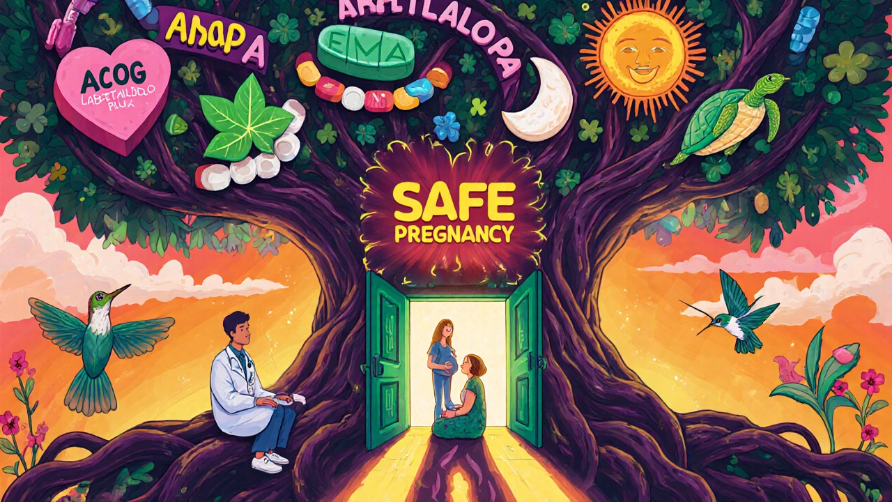 Medico e paziente sotto un albero simbolico, con farmaci sicuri che si trasformano in simboli luminosi.