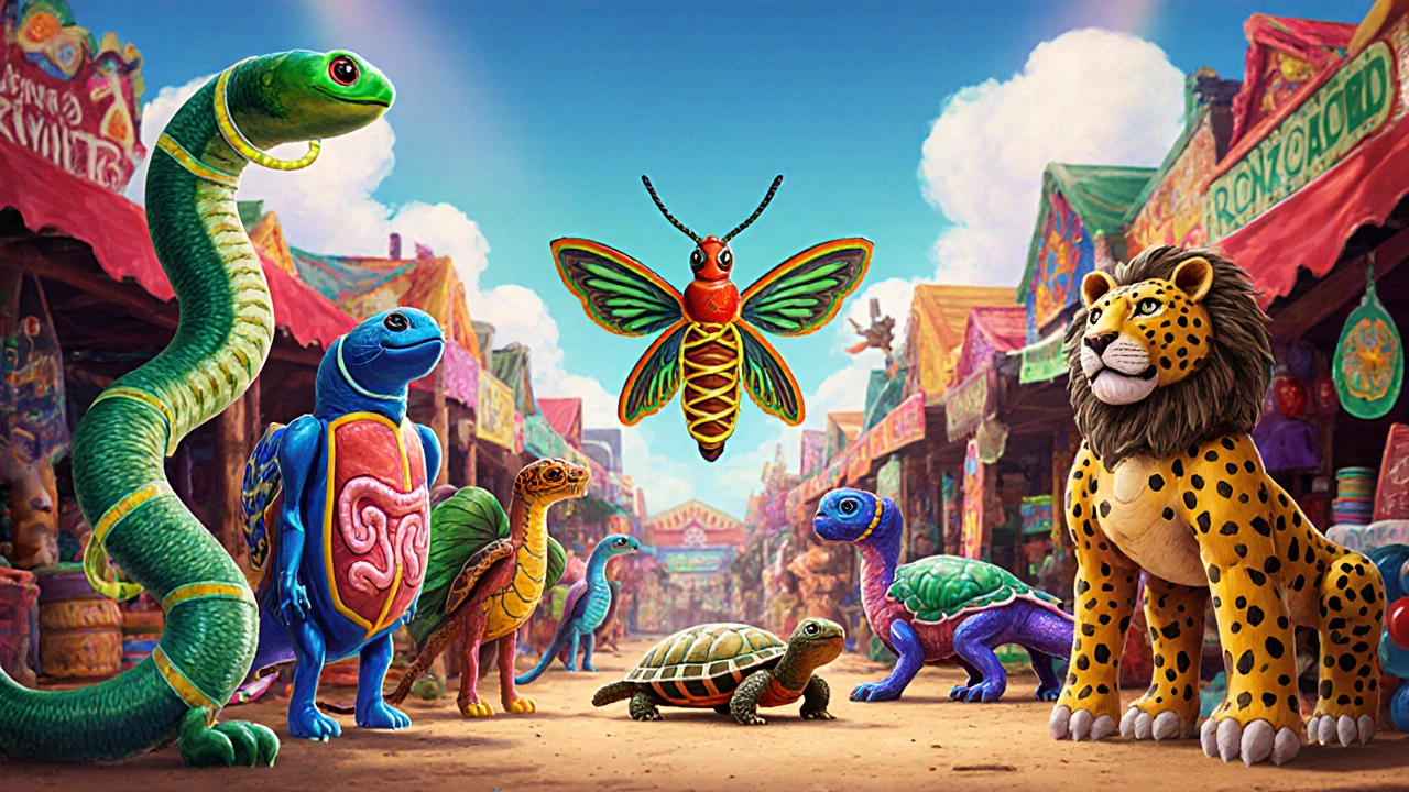 Mercato fantastico con creature alebrije che rappresentano vari farmaci DMARD.
