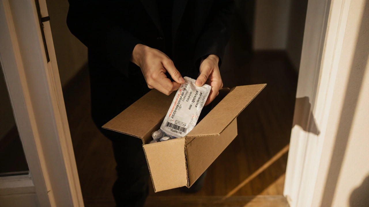 Persona che apre una consegna a casa, controlla il blister di levotiroxina generica.