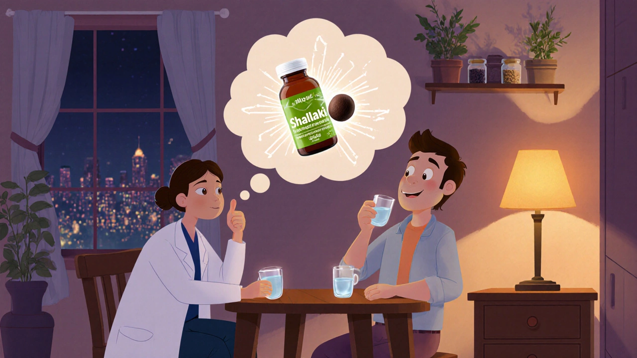 Persona che prende una capsula di Shallaki, con bolle pensiero di sinergia e medico amichevole accanto.