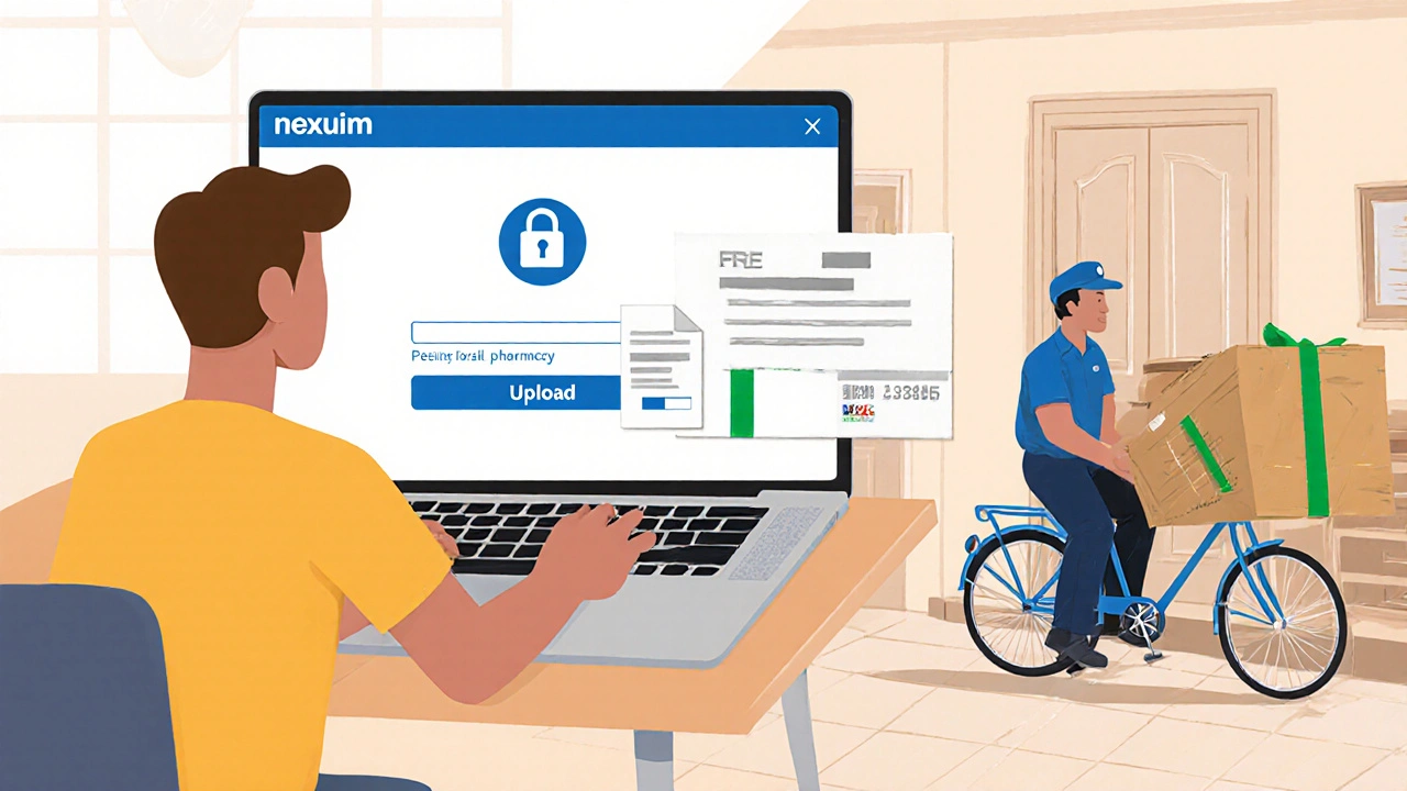 Persona usa un laptop per ordinare farmaci online, icona di lucchetto sullo schermo e una scatola consegnata al portone.