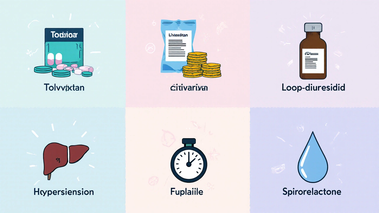 Rappresentazione visiva dei farmaci Tolvaptan, Conivaptan, Lixivaptan, Furosemide e Spironolattone con icone di costo ed effetti.