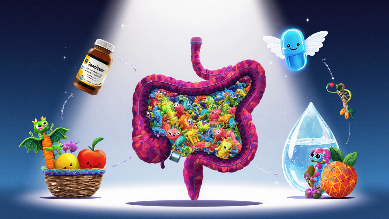 Scena di alebrije che includono probiotici, cibi ricchi di fibre e acqua per proteggere l'intestino.