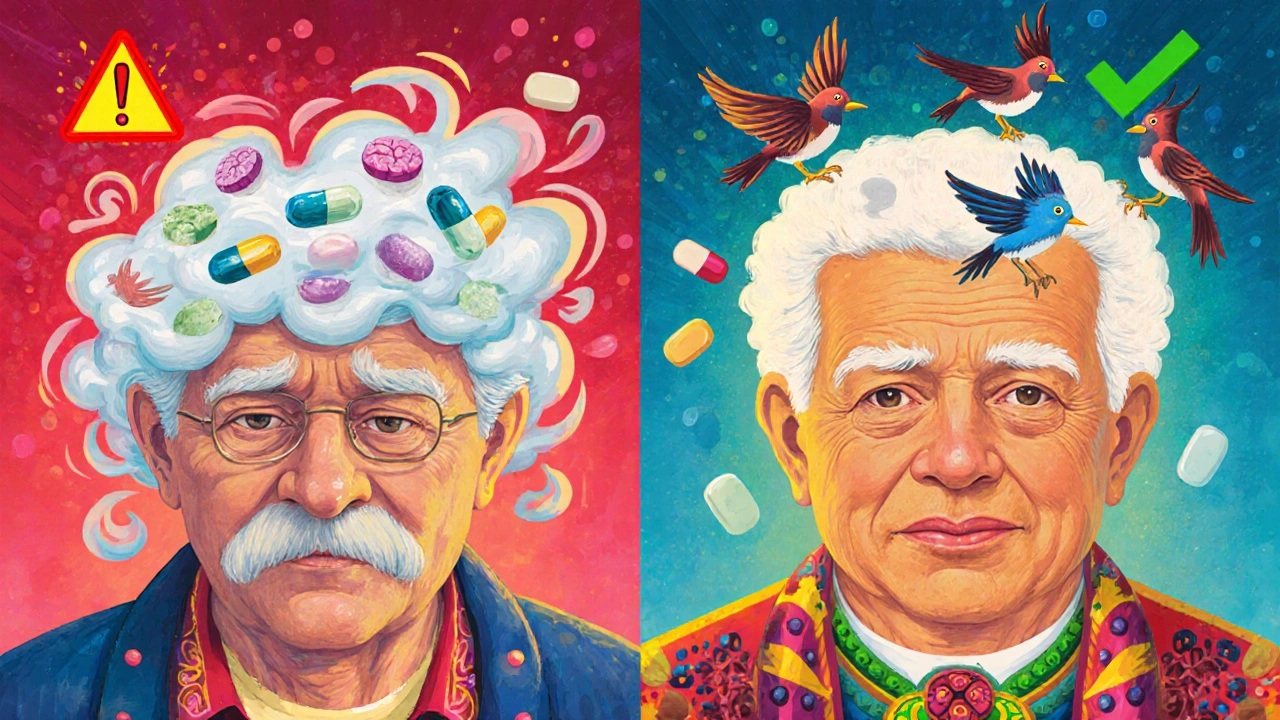 Scena divisa: confusione mentale da farmaci a sinistra, chiarezza ritrovata a destra, in stile alebrije colorato.