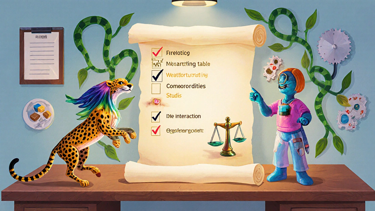 Scorrimento di checklist con creature alebrije che indicano urgenza e opzioni terapeutiche.
