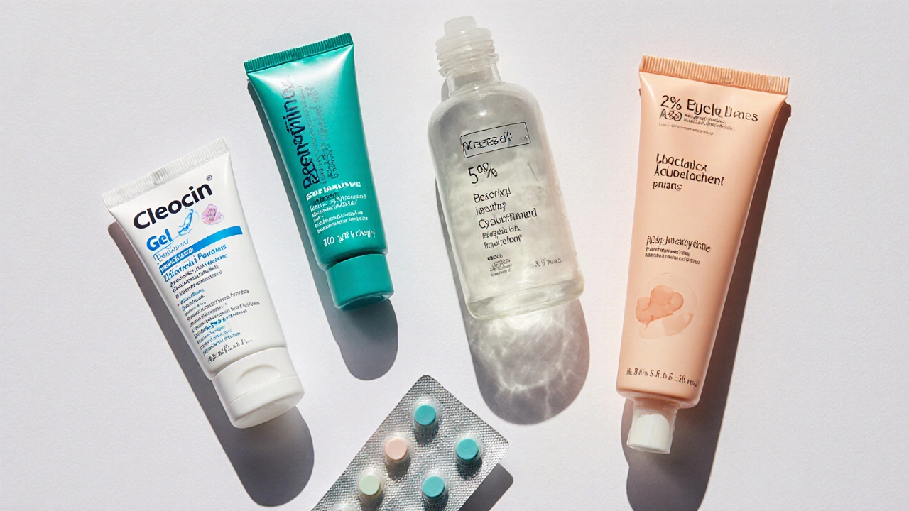 Sei prodotti per l&#039;acne disposti su tavolo bianco: gel, creme e compresse.