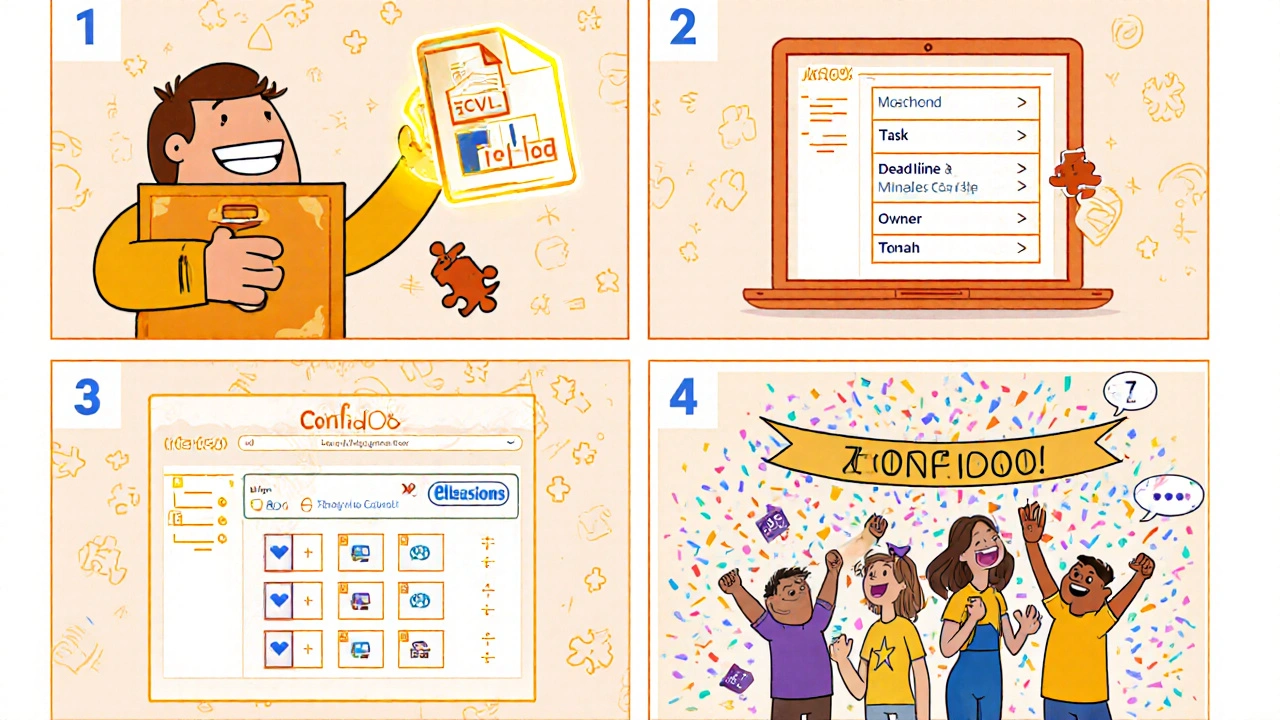 Storyboard cartoon della migrazione dei dati da Trello a Confido con integrazioni.