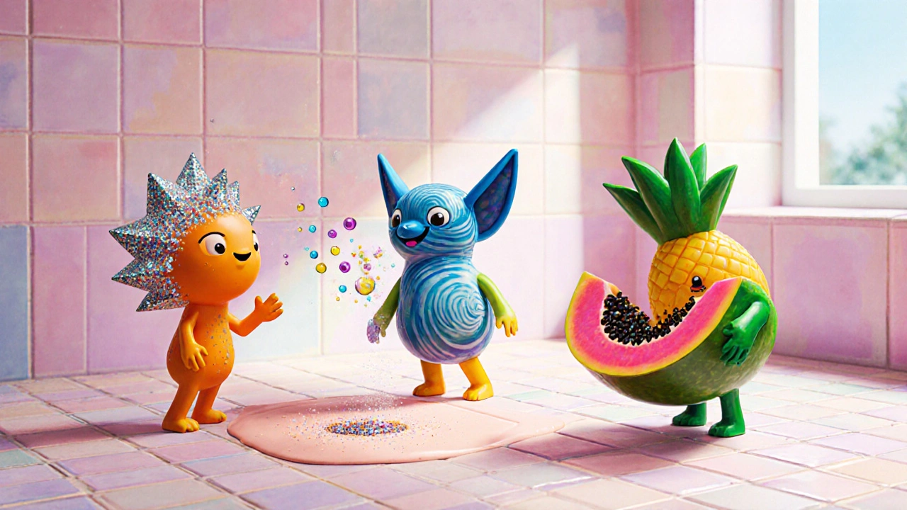 Tre creature alebrije mostrano scrub fisico, peeling chimico ed enzimi.