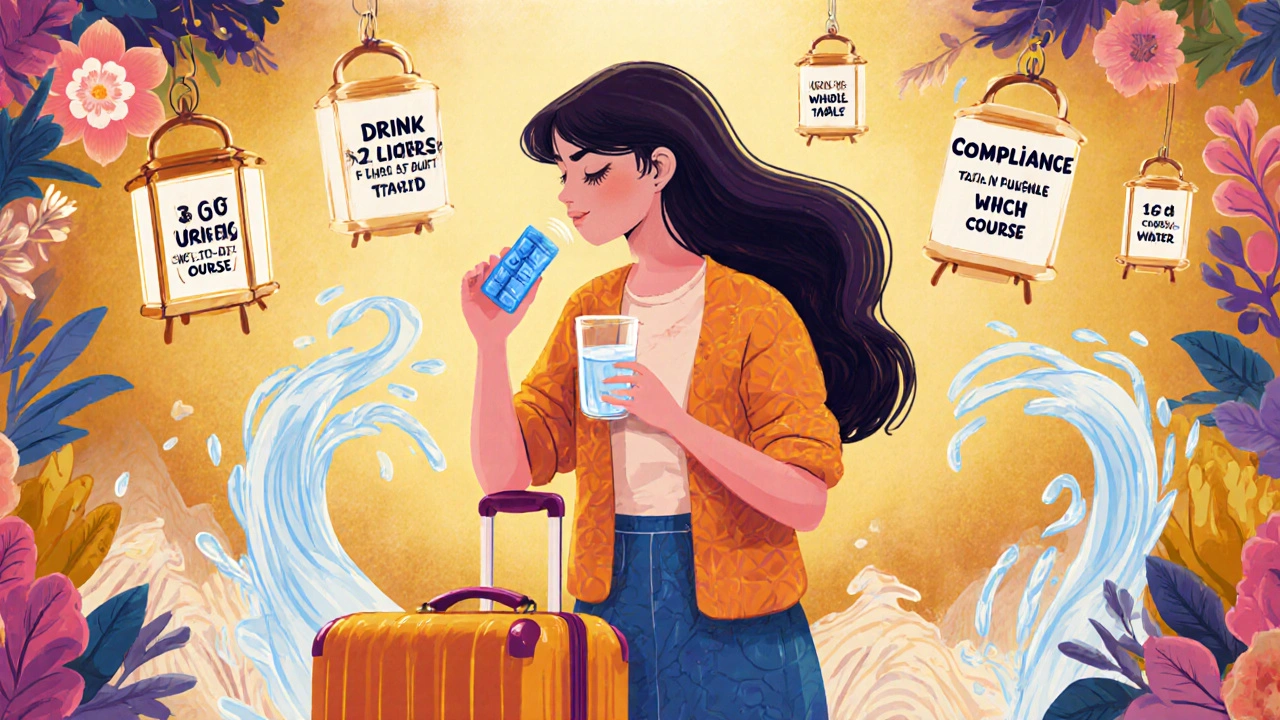 Viaggiatrice che assume fosfomicina con acqua, con consigli di compliance fluttuanti.