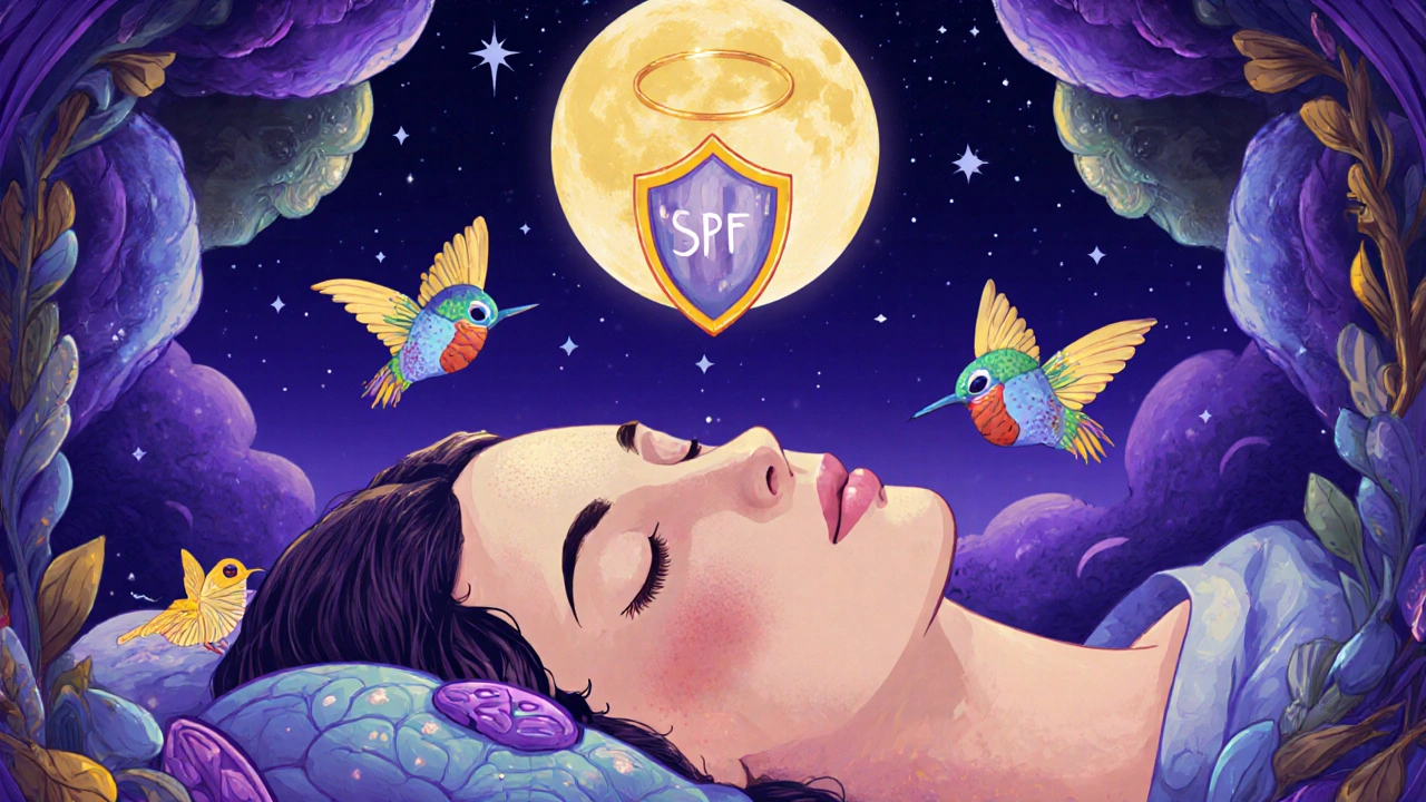 Viso che dorme circondato da farfalle e uccelli che riparano la pelle, sotto un alone protettivo di protezione solare.