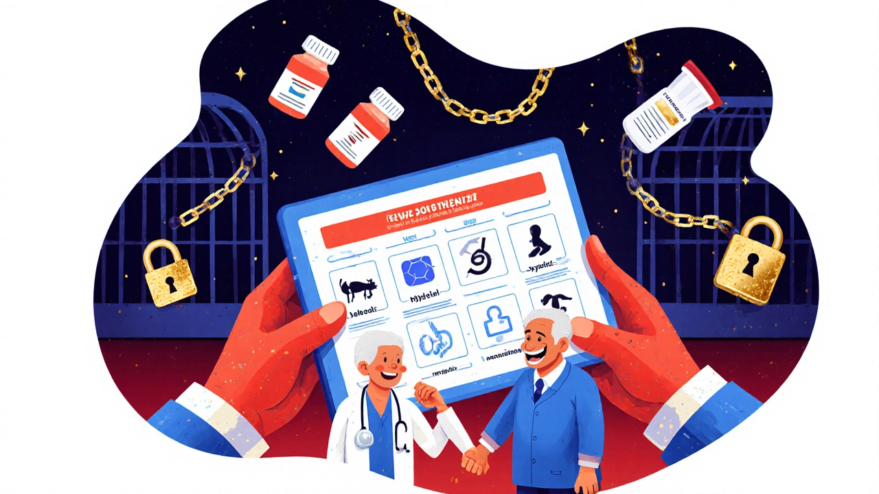 A doctor and patient reviewing a personalized pain plan, with dangerous drugs locked away.