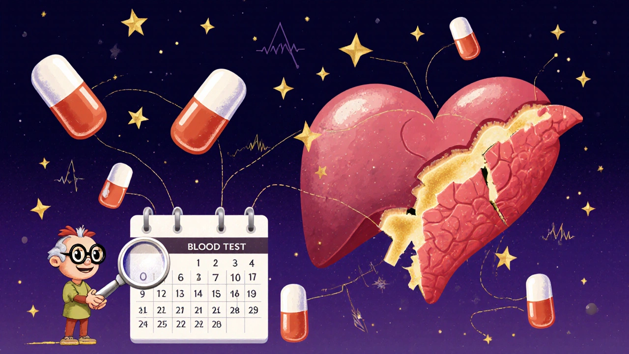 Anziano circondato da farmaci fluttuanti, protetto da una creatura alebrije che controlla gli esami.