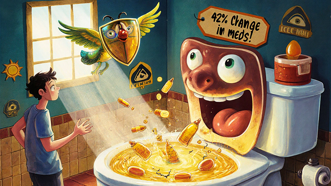 Bagno surreale dove un water elimina farmaci degradati, mentre una creatura li salva dalla luce.