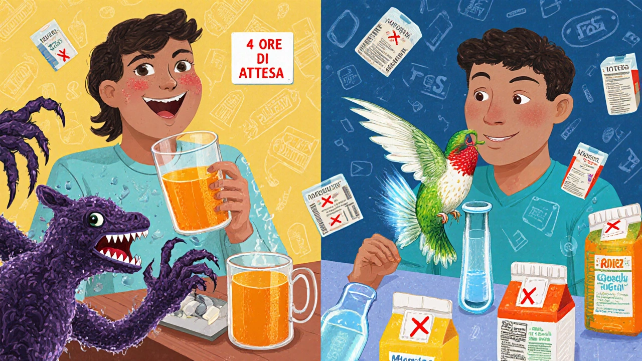 Confronto tra due scene: una pillola bloccata dal succo e l&#039;altra che viaggia sicura nell&#039;organismo con l&#039;acqua.