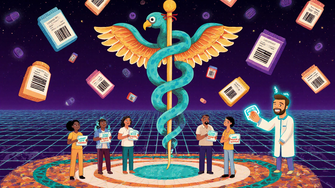 Creatura mitica a forma di caduceo che vola sopra persone con farmaci generici, mentre spiriti alebrije consegnano timbri di approvazione.