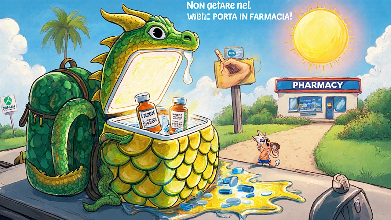 Drago-borsa termica UV protegge farmaci in viaggio, mentre un&#039;auto fonde in farmaci rovinati.