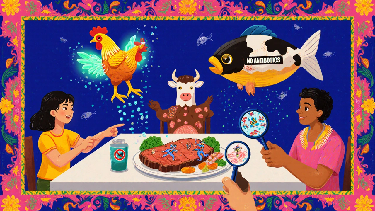 Famiglia a cena circondata da animali simbolici che rappresentano antibiotici nell&#039;agricoltura, in stile alebrije colorato.