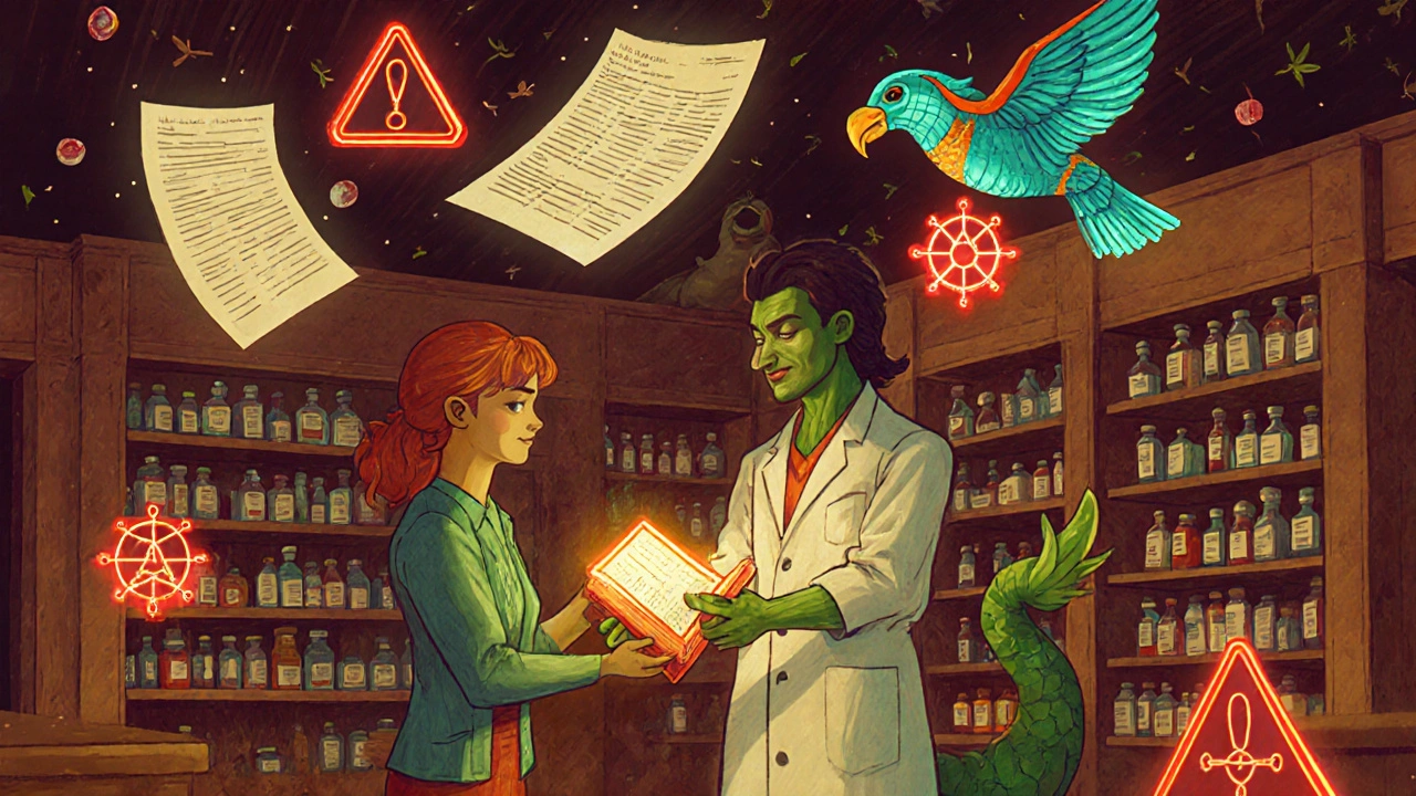 Farmacista che consegna un diario a un paziente, mentre algoritmi a forma di uccelli analizzano dati medici.