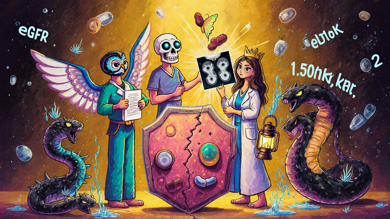 Guardiani fantastici allontanano farmaci pericolosi mentre un rene fragile è protetto da flussi di soluzione salina.