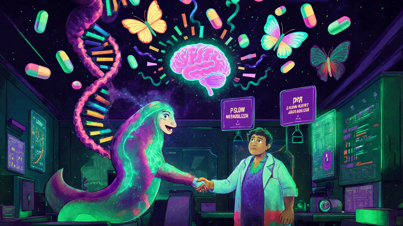 Laboratorio futuristico con DNA e intelligenza artificiale che analizzano i farmaci.