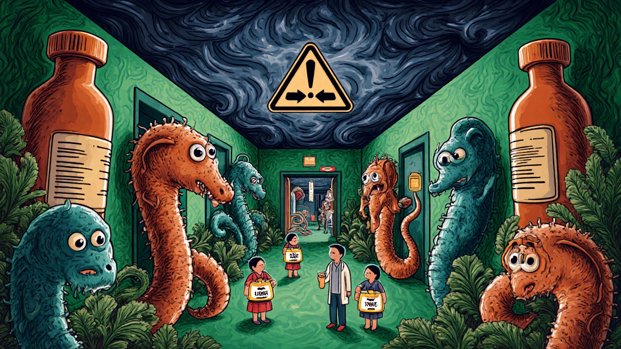 Ospedale trasformato in giungla di antibiotici giganti, con batteri resistenti che si muovono tra medici e pazienti in stile alebrije.