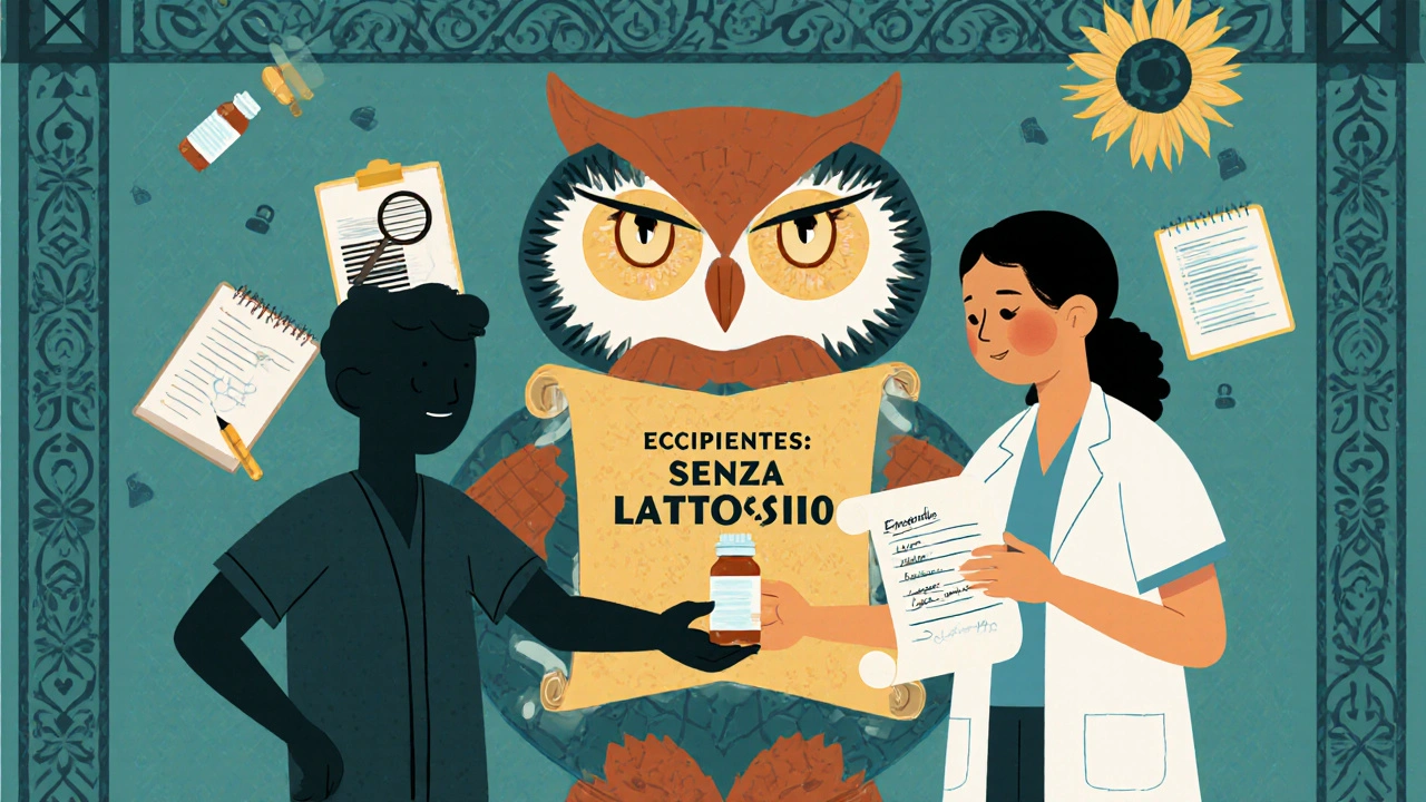 Paziente che consegna una pillola con nota scritta a mano a un medico, protetto da una creatura alebrije che tiene un elenco degli ingredienti.