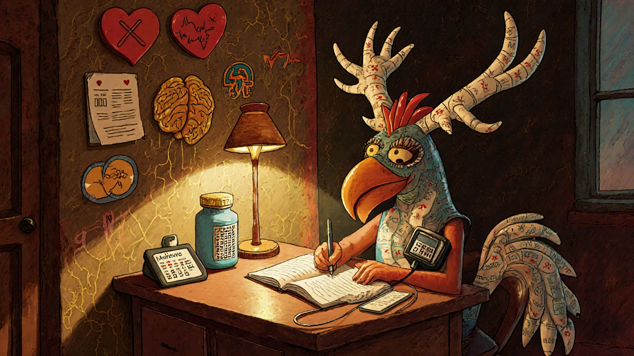 Persona che annota dati medici al tavolo, con un animale alebrije che osserva e simboli medici fluttuanti sulle pareti.