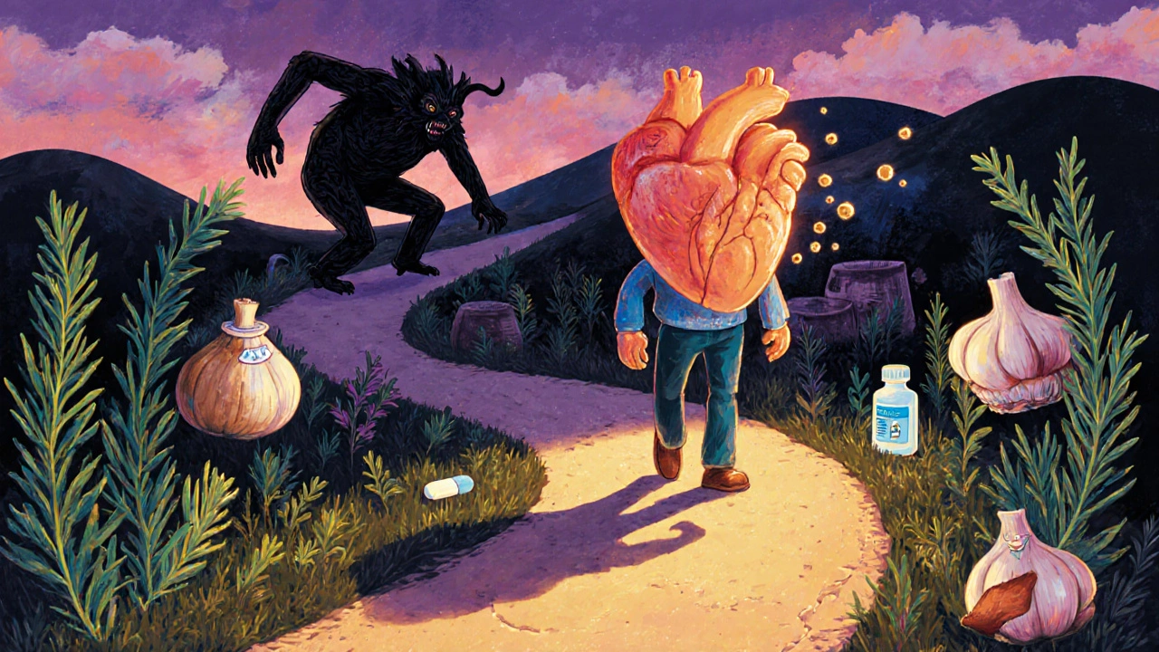 Persona che cammina su un sentiero con erbe aromatiche, mentre un cuore sano cammina al suo fianco in stile Alebrije.