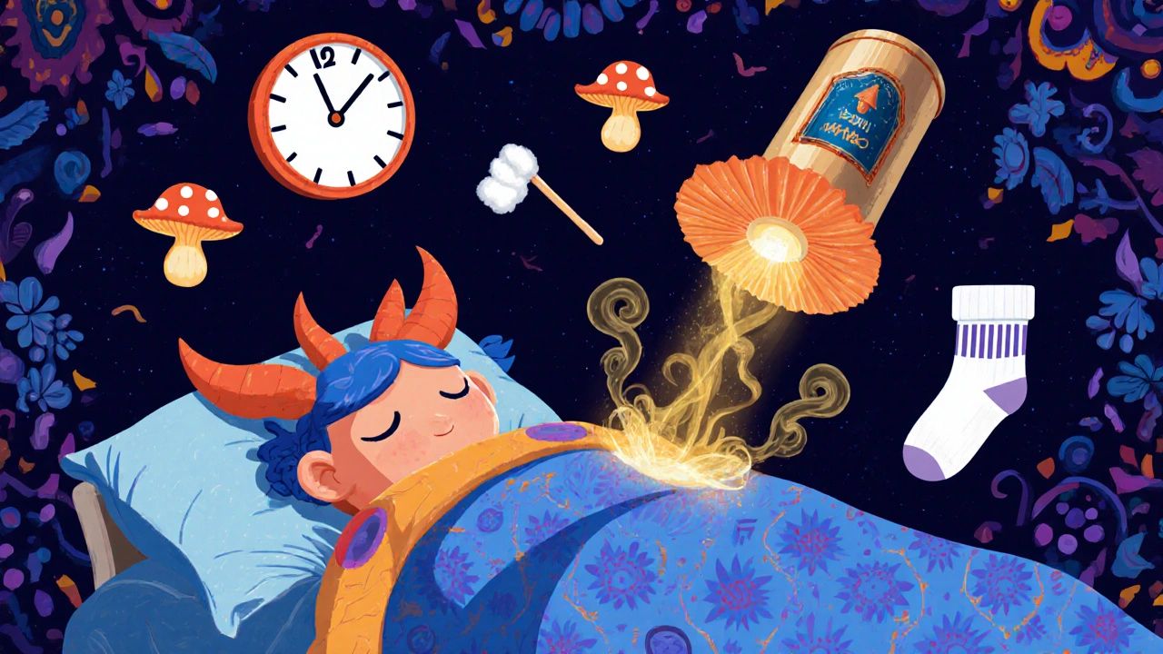 Persona che dorme mentre una nebbia dorata protegge i piedi da funghi invisibili.