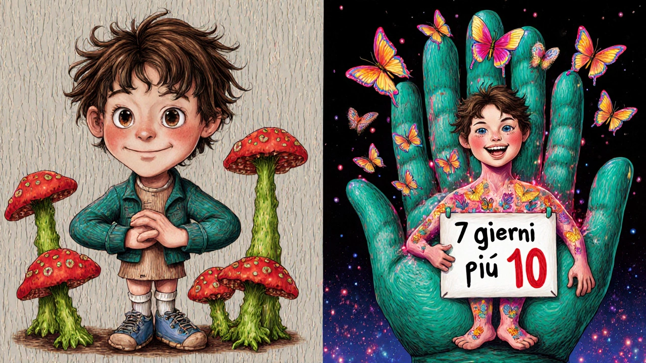 Scena divisa: da un lato funghi minacciosi, dall&#039;altro farfalle di luce che simboleggiano guarigione.