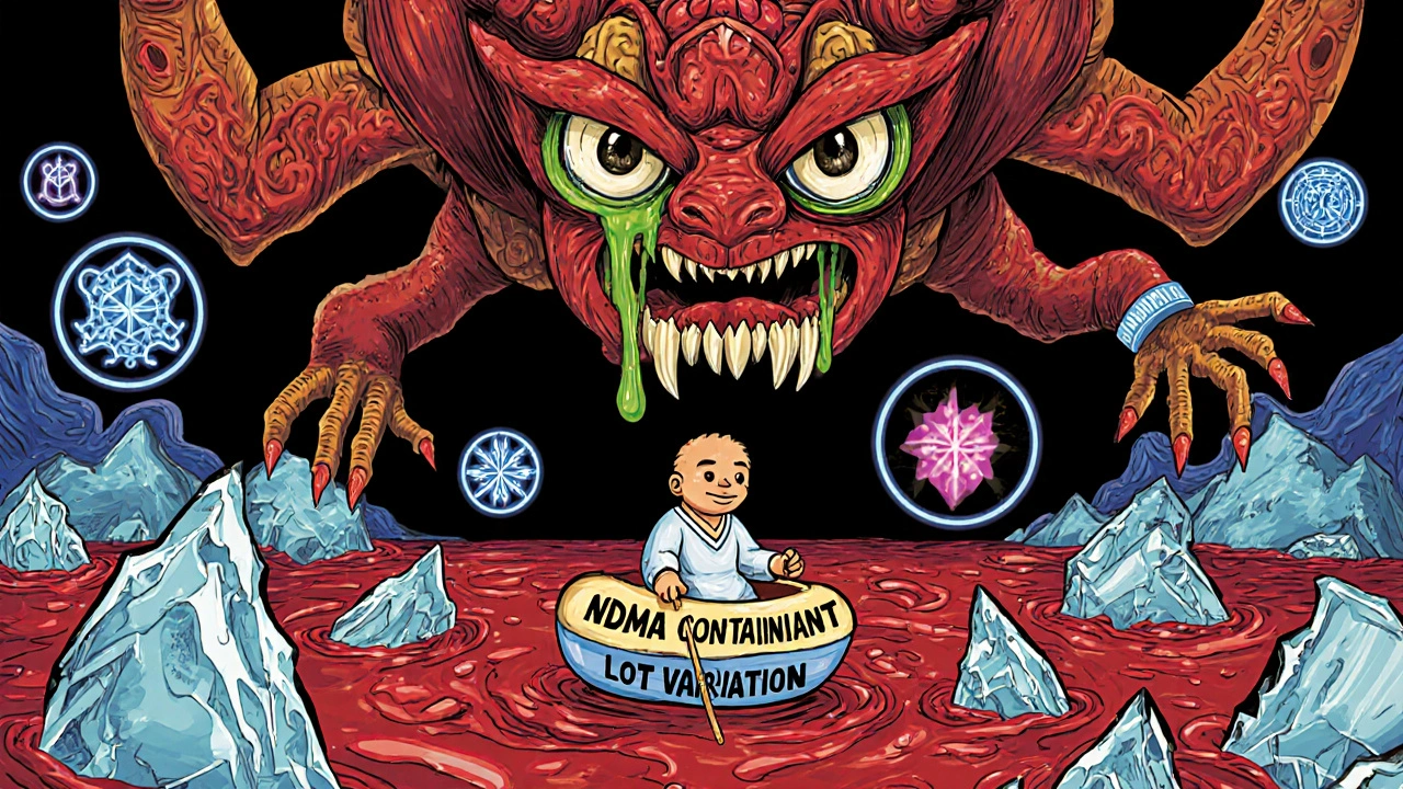 Scena surreale dentro il corpo umano con una barca di farmaco che evita contaminanti, guidata da una creatura alebrije tiroidea.