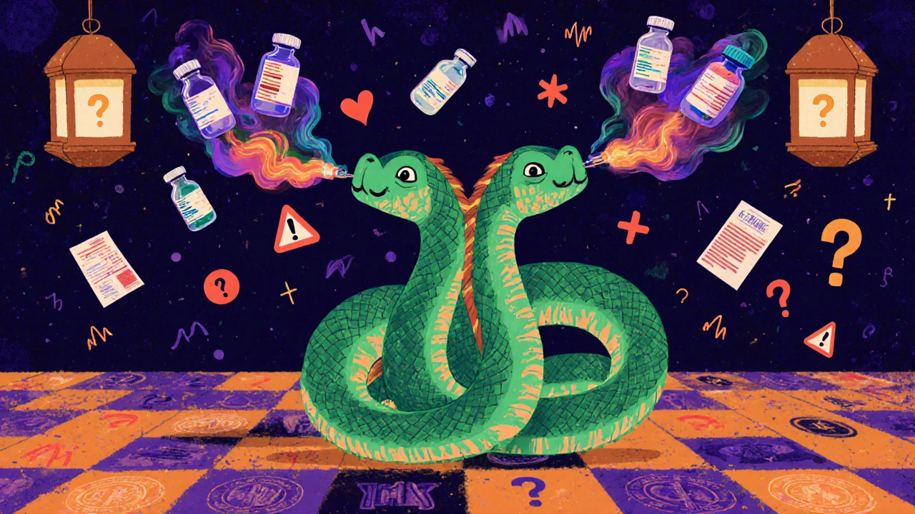 Serpente bicefalo con viali di vaccini e pillole, emette fumo colorato che forma simboli medici su uno sfondo FDA e CDC.