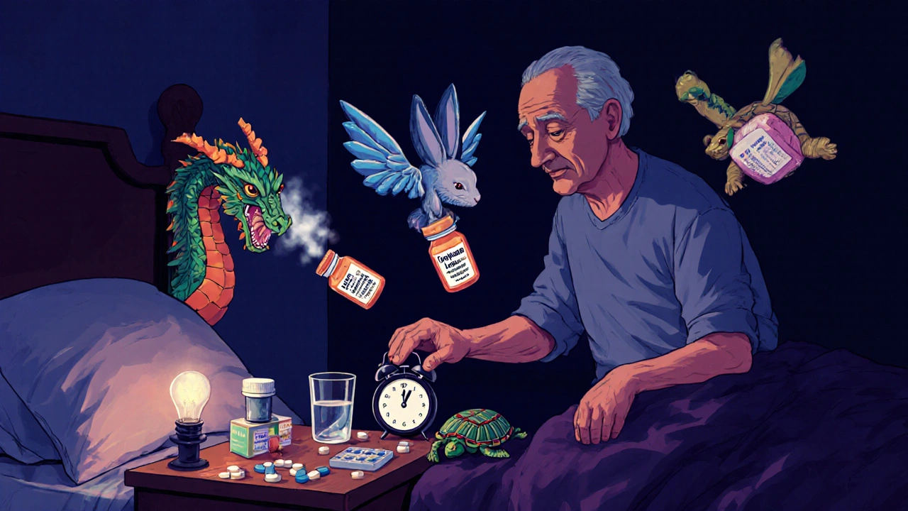 Un anziano che prende le pillole di notte, circondato da creature magiche legate ai farmaci sonniferi.