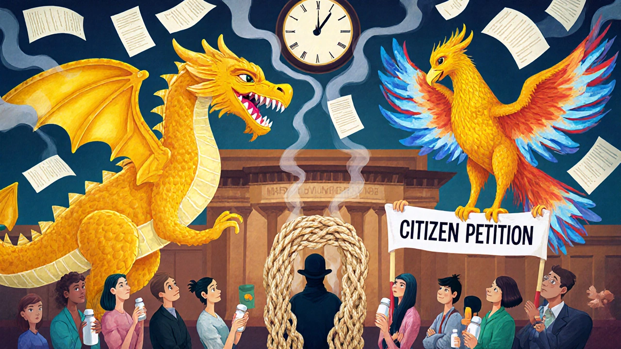 Un drago farmaceutico e una fenice generica in battaglia legale, con pazienti che attendono sotto un orologio che ticchetta.