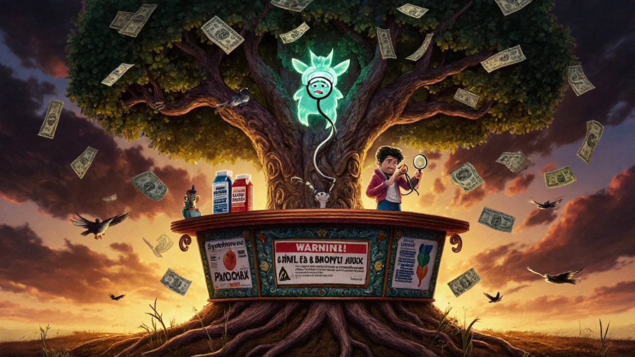 Un farmacista avverte un paziente mentre spiriti fantastici rivelano pericoli nascosti nell&#039;etichetta del succo.