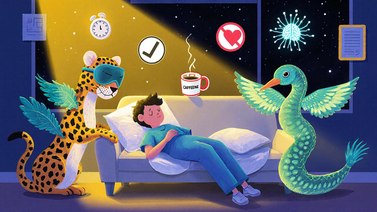 Un operatore sanitario che fa un pisolino di 20 minuti protetto da creature alebrije simbolo di riposo sicuro.