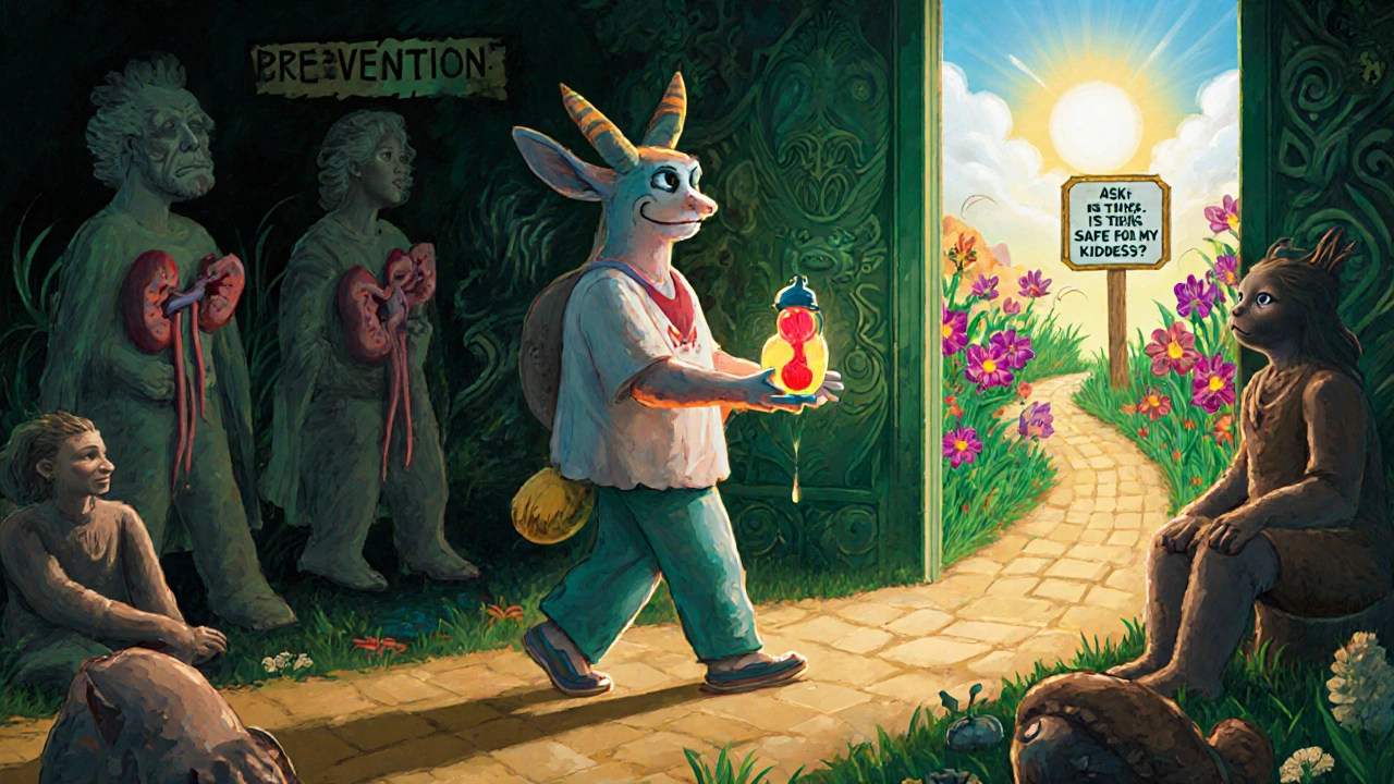 Un paziente cammina verso un giardino di reni sani, lasciando dietro di sé percorsi di rischi evitati.